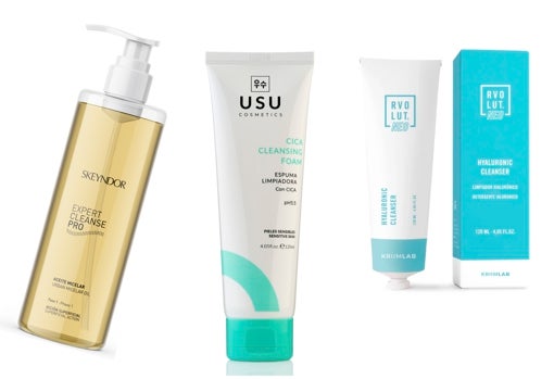 From left to right: Skeyndor Expert Cleanse Pro Micellar Oil (€ 29.90); Cleansing foam with Cica pH 5.5 from Usu Cosmetics; Hydrating cleanser for dry skin Hyaluronic Cleanser by Rvolut Neo (€ 8).