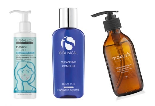 From left to right: Cameleon Cosmetics Maskné Repair Facial Cleansing Gel with Niacinamide (€ 9.90), for skin with acne .; Cleansing Complex by is Clinical (€ 50); Nourishing & Hydrating Nourishing Facial Cleanser & amp; Moisturizing Face Cleanser by Mokosh Cosmetics (€ 19).
