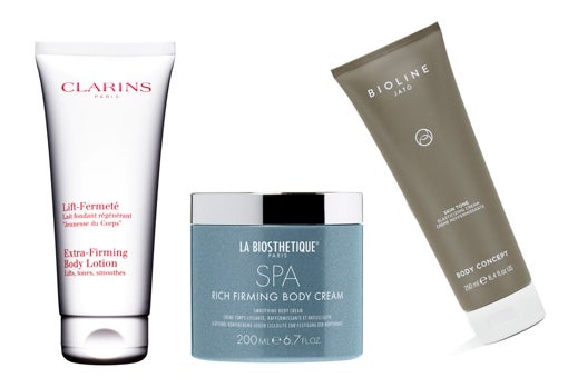 From left to right: Clarins Lift-Fermerté Firming Body Milk (€ 57); Nourishing, firming and anti-cellulite cream Rich Firming Body Cream by La Biosthetique (€ 44.50); Firming dermo-repairing treatment Skin Tone Elasticizing Cream by Bioline Jato (€ 70).