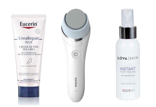 From left to right: Eucerin UreaRepair Plus 10% urea foot cream (€ 11.25); Philips Pedi Advanced electric foot file (€ 60); Lova Skin Instant Foot Peeling Kit Foot Scrub (€ 64).