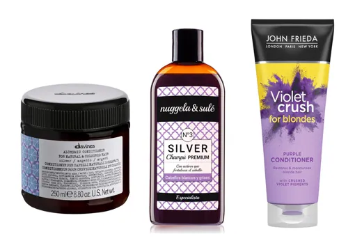 From left to right: Davines Hair Alchemic Conditiones silver conditioner for gray hair (€ 29.75);  Nuggela Premium No. 3 Silver Shampoo & amp;  Sulé (€ 19.90), violet shampoo for daily use to take care of gray hair;  Violet crush for blondes conditioner by John Frieda (€ 7.30).