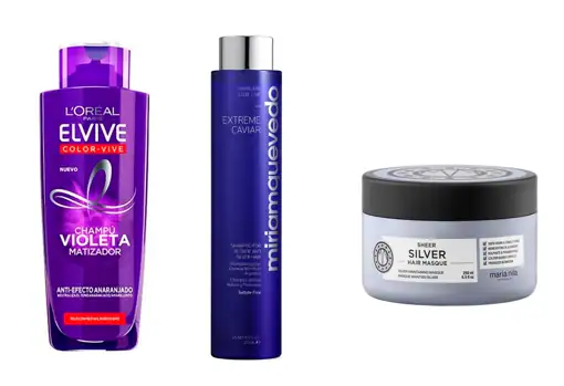 From left to right: L & # 039; Oréal Paris Elvive Toning Violet Shampoo (€ 3.19);  Extreme Caviar for Blonde and Silver Hair shampoo for white hair by Miriam Quevedo (€ 35);  Maria Nila Sheer Silver Masque hair mask (€ 26).