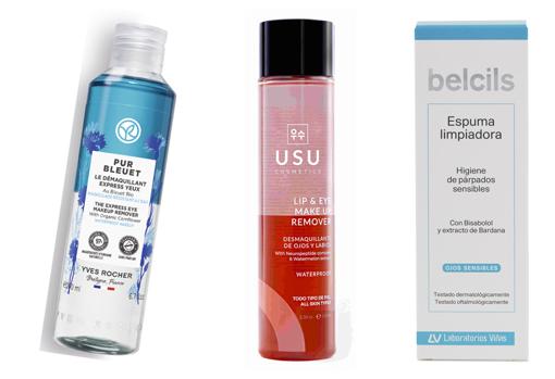 From left to right: Yves Rocher Pur Bleuet Express Eye Make-up Remover (€ 7.95);  Two-phase makeup remover for eyes and lips by Usu Cosmetics (€ 15.95);  Belcils Sensitive Eye Cleansing Foam (€ 13.43).