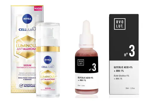 From left to right: Luminous 630 anti-blemish serum from Nivea Cellular (€ 15.99) and Rvolut Glycolic Acid 4% + AHA 1% facial peel (€ 27).