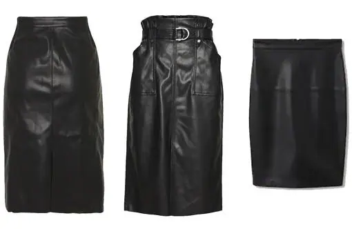 from left  From left to right: imitation leather midi skirt, by Vero Moda (€39.90).  Skirt with front opening and belt, by Only (€36.90).  Pencil skirt with a high waist, by Mango (€25.90).