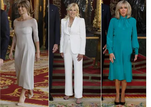 Begoña Gómez, Jill Biden y Brigitte Macron en su llegada a la cena en el Palacio Real