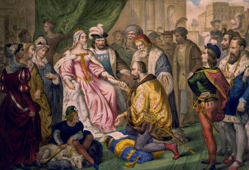 Christopher Columbus before the Catholic Monarchs at the court of Barcelona (V. Turgis, 19th century)