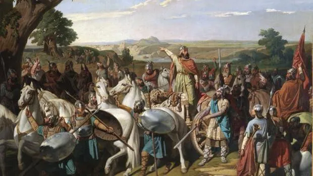 Rei Don Rodrigo arengando suas tropas na Batalha de Guadalete, por Bernardo Blanco, 1871