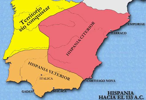 División en Hispania sobre el 133 a.C. En época de Octavia, apenas quedaban sin conquistar los territorios astures y cántabros