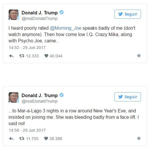 Tweets con los que Donald trump acusa a los periodistas Mika Brzezinski y Joe Scarborough