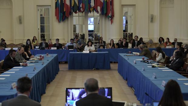 Johanna Aguirre (al fondo), activista de Derechos Humanos y viuda del activista José Alejandro Márquez Fagundez, habla durante una audiencia de la OEA