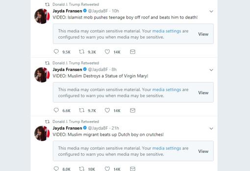 Serie de tuits rebotados por Donald Trump en su cuenta de Twitter