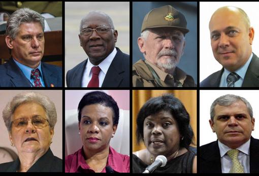 De izquierda a derecha, y de arriba abajo: Miguel Díaz-Canel Bermúdez (presidente), Salvador Valdés (primer vicepresidente), los vicepresidentes Ramiro Valdés Menéndez, Roberto Morales, Gladys Bejerano, Inés María Chapman, Beatriz Jhonson, y el secretario Homero Acosta