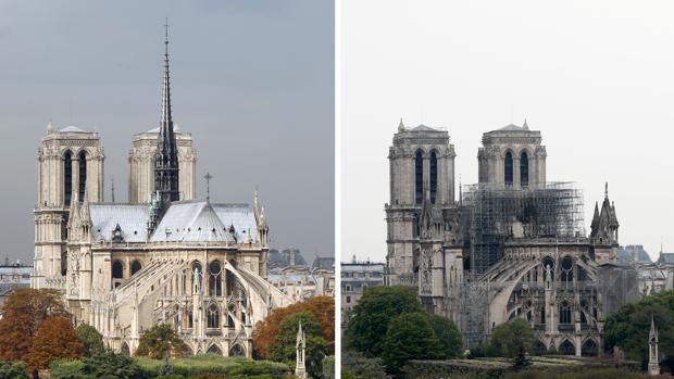 Comparativa de cómo estaba y cómo ha quedado Notre Dame tras el incendio