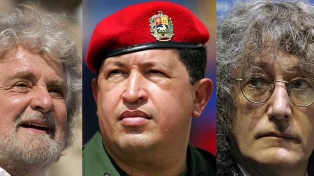 Beppe Grillo (izquierda), Hugo Chávez y Gianroberto Casaleggio