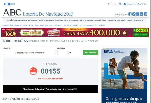 El comprobador de números de la Lotería de Navidad muestra cómo el 155 no ha resultado premiado