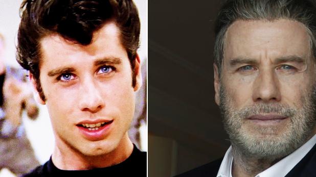 John Travolta, a la izquierda, con 24 años en una secuencia de «Grease». A la derecha, con 64 años
