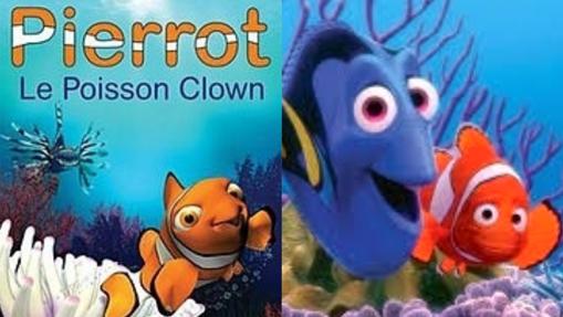 Portada del libro «Pierrot, el pez payaso» y fotograma de la película «Buscando a Nemo»