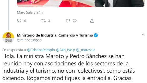 Mensaje del ministerio de Industria a Cristina Pampín