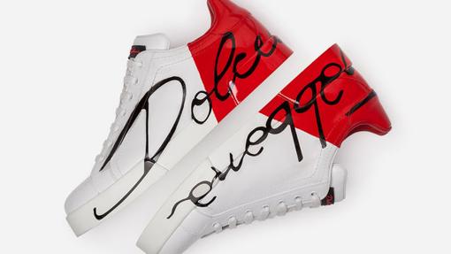 Dolce & Gabbana Men’s White Red Portofino Scrawled Logo Sneakers