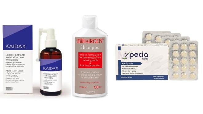De izda. a dcha.: Loción capilar anticaída, de Kaidax (29,64€). Hairgen Champú 200ml (19,90€). Complejo vitamínico con saw palmetto, de Xpecia (25,99€).