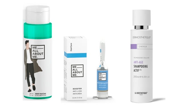 De izquierda a derecha: Champú para hombre (11 €) + Booster Anticaída (7,80 €) de Me All About ME; Champú Anti-Age Dermosthétique Actif de La Biosthetique (29 €).