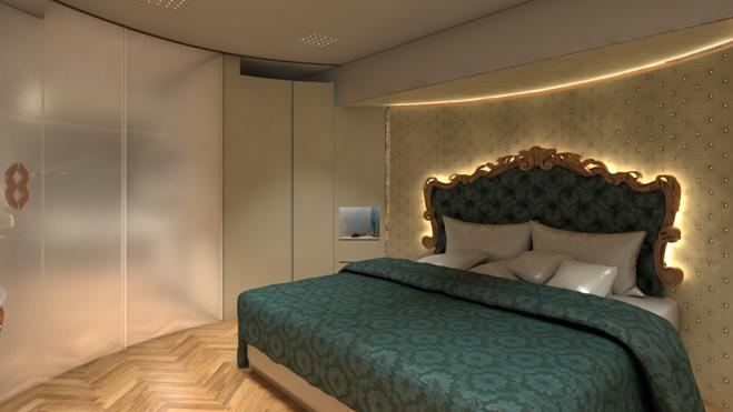 The master suite has a private bathroom, a desk and a large closet