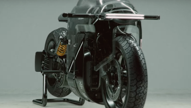 This motorcycle has a futuristic and somewhat robotic design
