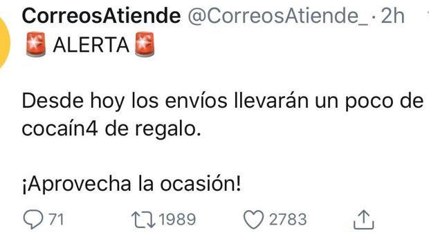 Captura de uno de los mensajes «hackeados» a Correos en Twitter