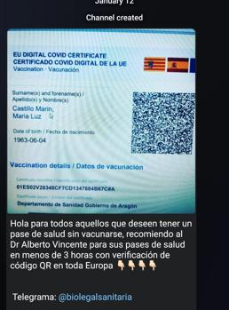 Oferta de un certificado digital compartido en un canal de Telegram